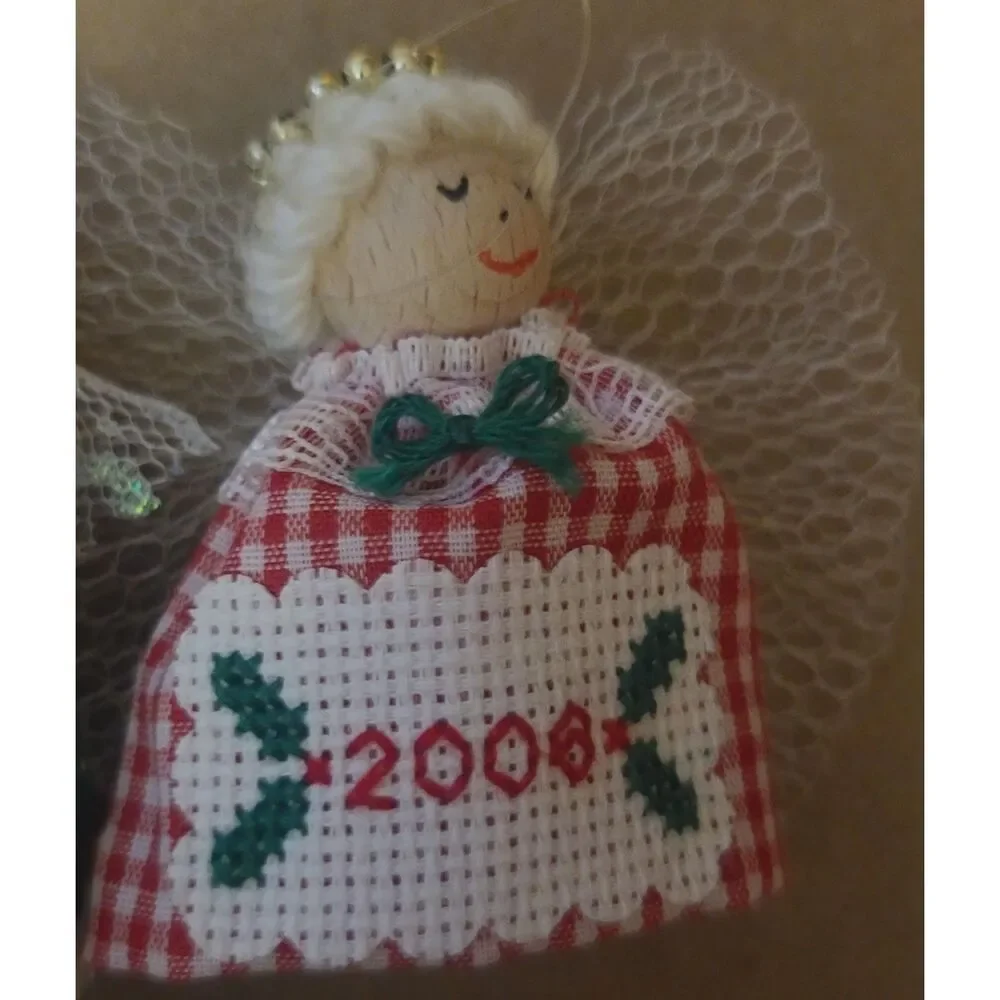 Vintage Lot of 4 Different Christmas Cross-Stitched Dated Wooden Angel Ornaments
